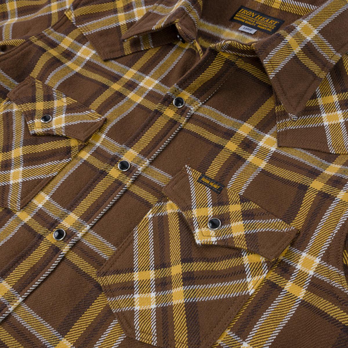IHSH-372-BRN - Ultra Heavy Flannel Crazy Check Western Shirt - Brown