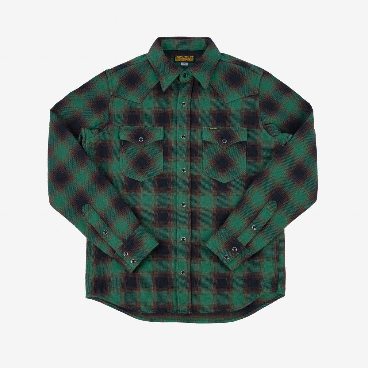 Image showing the IHSH-373-GRN - Ultra Heavy Flannel Ombre Check Western Shirt - Green which is a Shirts described by the following info Iron Heart, Released, Shirts, Tops and sold on the IRON HEART GERMANY online store