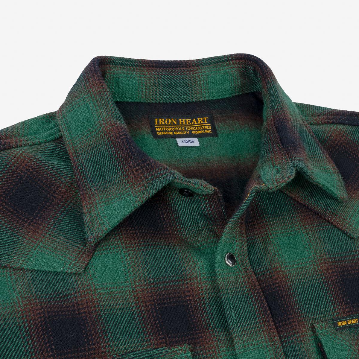 Image showing the IHSH-373-GRN - Ultra Heavy Flannel Ombre Check Western Shirt - Green which is a Shirts described by the following info Iron Heart, Released, Shirts, Tops and sold on the IRON HEART GERMANY online store