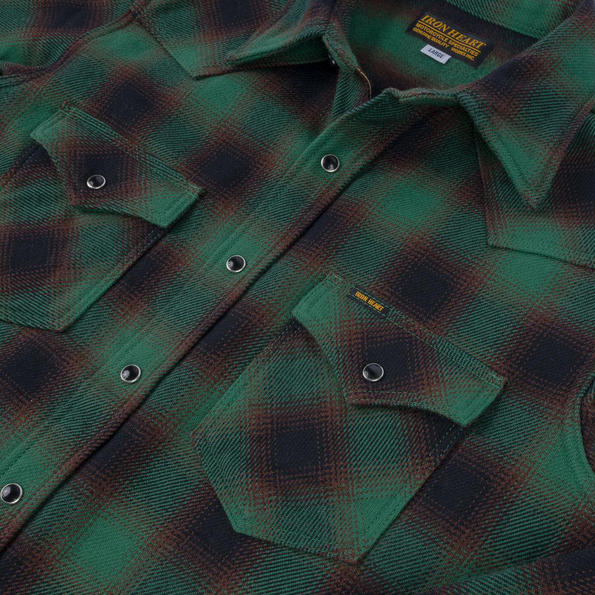 Image showing the IHSH-373-GRN - Ultra Heavy Flannel Ombre Check Western Shirt - Green which is a Shirts described by the following info Iron Heart, Released, Shirts, Tops and sold on the IRON HEART GERMANY online store