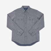 Image showing the IHSH-365-IND -8oz Herringbone Hickory Stripe Sawtooth Western Shirt - Indigo which is a Shirts described by the following info Iron Heart, Released, Shirts, Tops and sold on the IRON HEART GERMANY online store