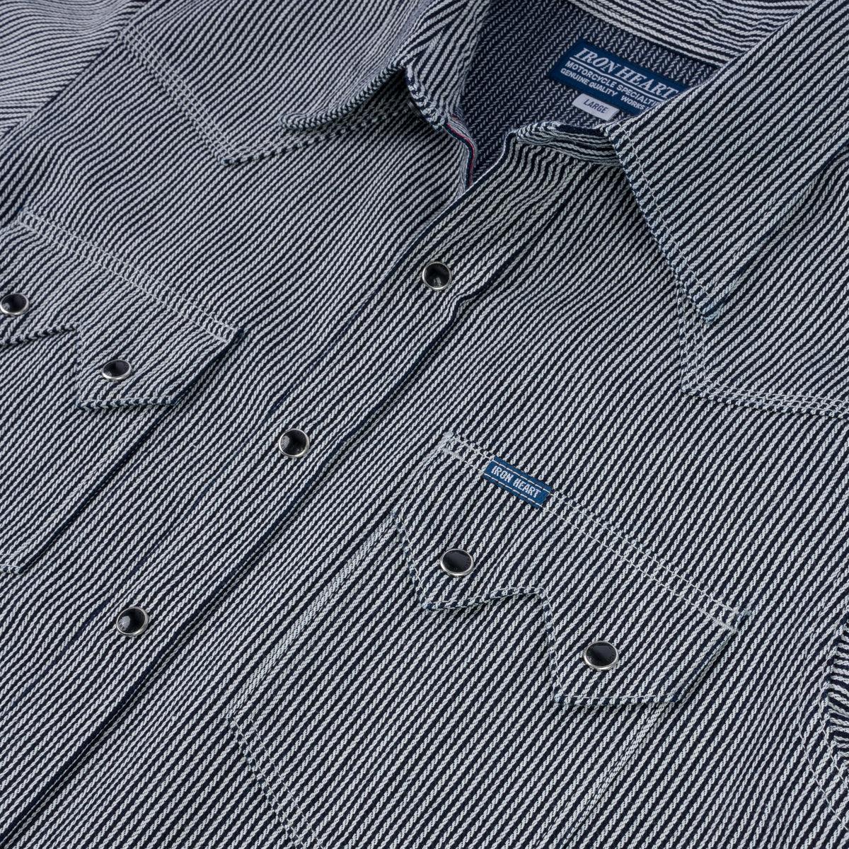 Image showing the IHSH-365-IND -8oz Herringbone Hickory Stripe Sawtooth Western Shirt - Indigo which is a Shirts described by the following info Iron Heart, Released, Shirts, Tops and sold on the IRON HEART GERMANY online store