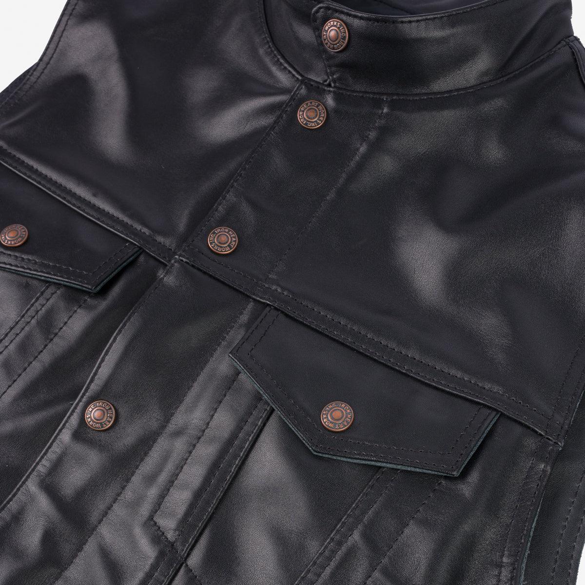 Image showing the IHV-45-BLK - Japanese Steerhide Modified Type III Vest - Black which is a Vests described by the following info FW23, Iron Heart, LEATHER JACKETS, Tops, Vests and sold on the IRON HEART GERMANY online store