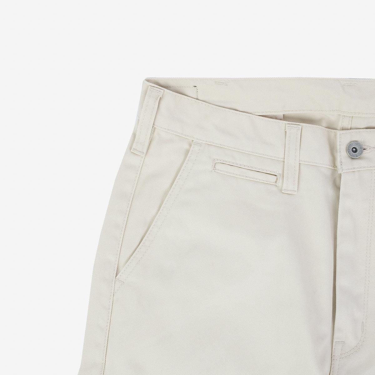 Image showing the IH-727-IVO - 9oz Mercerised Selvedge Cotton Medium/High Rise Tapered Chinos - Ivory which is a Trousers described by the following info Bottoms, Iron Heart, Released, Trousers and sold on the IRON HEART GERMANY online store