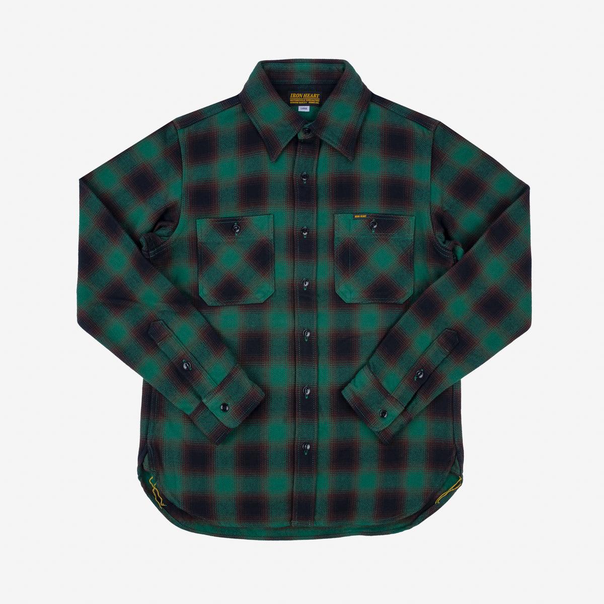 Image showing the IHSH-379-GRN - Ultra Heavy Flannel Ombre Check Work Shirt - Green which is a Shirts described by the following info Iron Heart, Released, Shirts, Tops and sold on the IRON HEART GERMANY online store