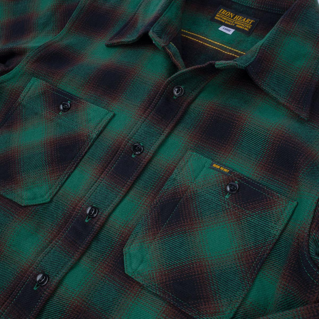 Image showing the IHSH-379-GRN - Ultra Heavy Flannel Ombre Check Work Shirt - Green which is a Shirts described by the following info Iron Heart, Released, Shirts, Tops and sold on the IRON HEART GERMANY online store