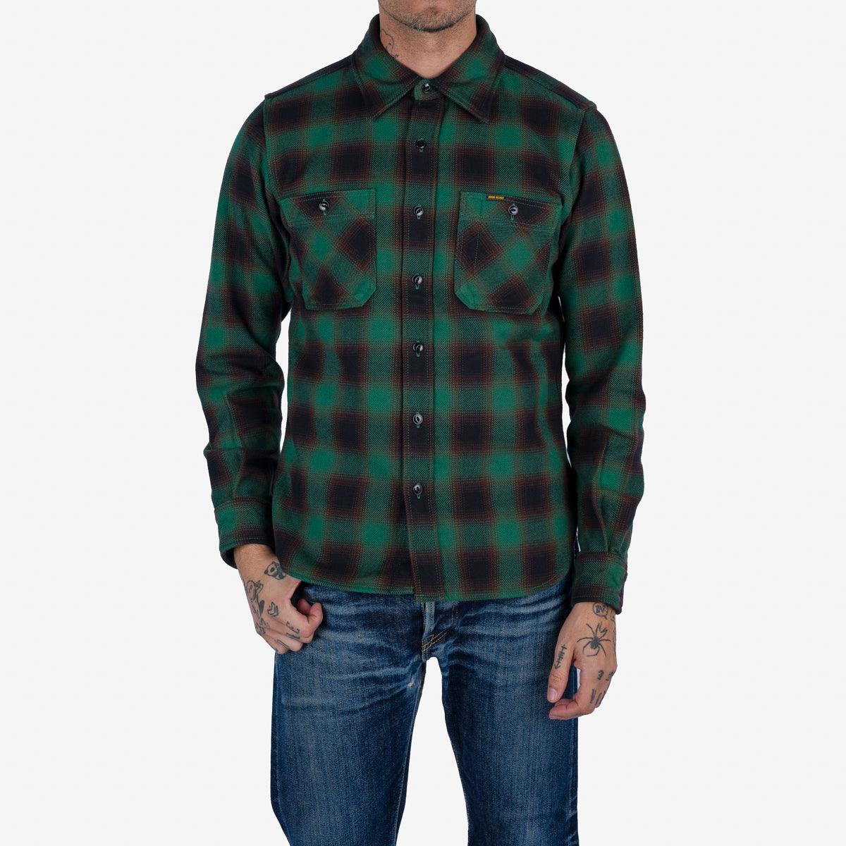 Image showing the IHSH-379-GRN - Ultra Heavy Flannel Ombre Check Work Shirt - Green which is a Shirts described by the following info Iron Heart, Released, Shirts, Tops and sold on the IRON HEART GERMANY online store