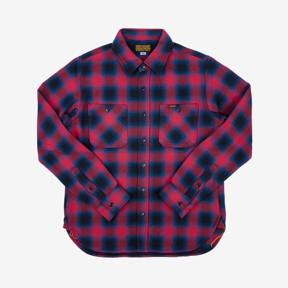 Image showing the IHSH-379-RED - Ultra Heavy Flannel Ombre Check Work Shirt - Red which is a Shirts described by the following info Iron Heart, Released, Shirts, Tops and sold on the IRON HEART GERMANY online store