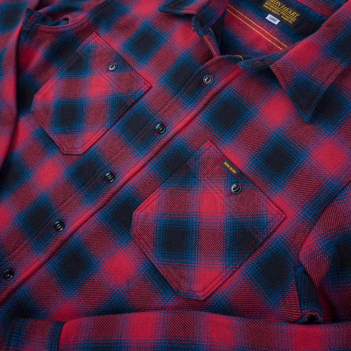 Image showing the IHSH-379-RED - Ultra Heavy Flannel Ombre Check Work Shirt - Red which is a Shirts described by the following info Iron Heart, Released, Shirts, Tops and sold on the IRON HEART GERMANY online store