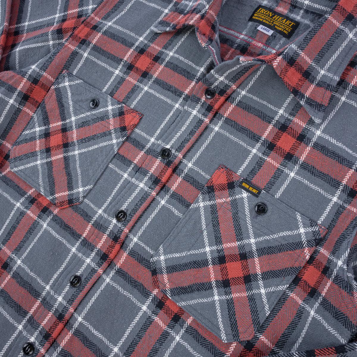 Image showing the IHSH-375-GRY - 12oz Slubby Heavy Flannel Herringbone Check Work Shirt - Grey which is a Shirts described by the following info Iron Heart, Released, Shirts, Tops and sold on the IRON HEART GERMANY online store