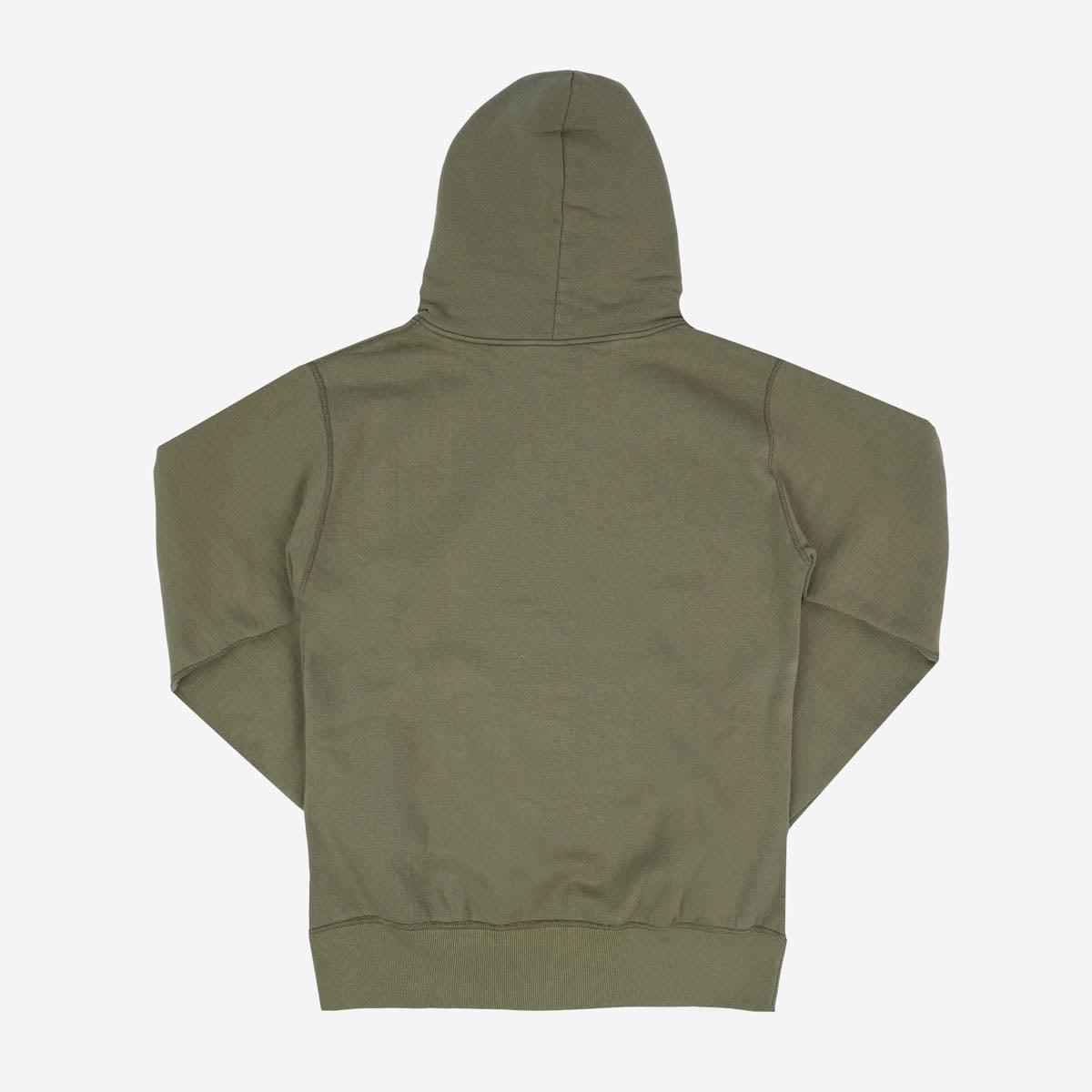 Image showing the IHSW-49-OLV - 14oz Ultra Heavyweight Loopwheel Cotton Hoodie Olive which is a Sweatshirts described by the following info Iron Heart, Released, Sweatshirts, Tops and sold on the IRON HEART GERMANY online store