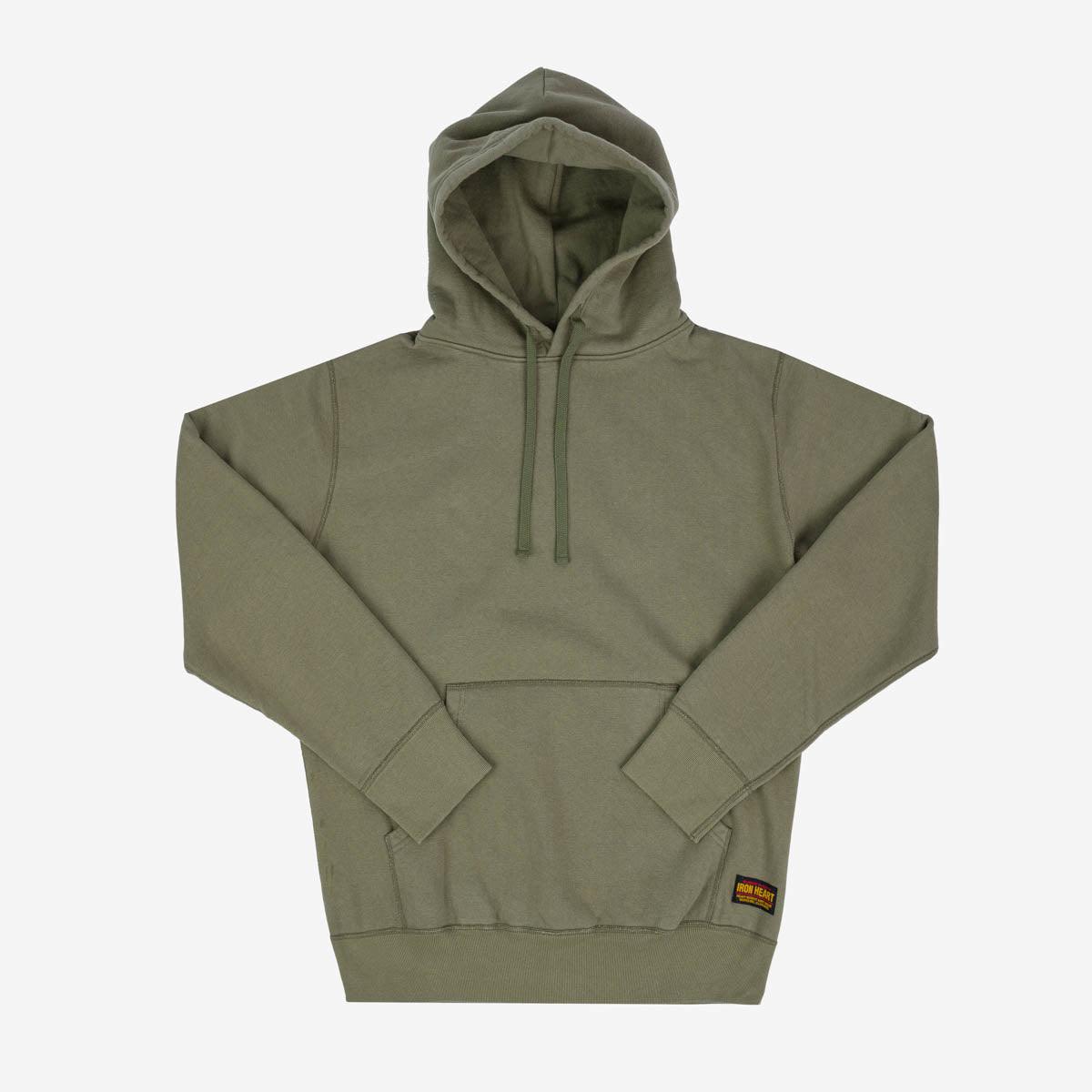 Image showing the IHSW-49-OLV - 14oz Ultra Heavyweight Loopwheel Cotton Hoodie Olive which is a Sweatshirts described by the following info Iron Heart, Released, Sweatshirts, Tops and sold on the IRON HEART GERMANY online store