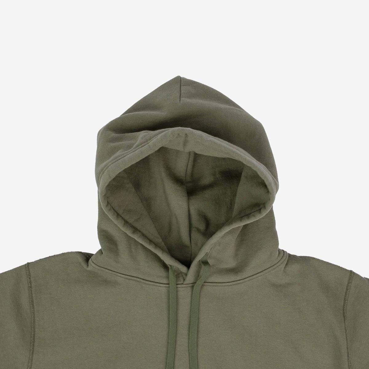 Image showing the IHSW-49-OLV - 14oz Ultra Heavyweight Loopwheel Cotton Hoodie Olive which is a Sweatshirts described by the following info Iron Heart, Released, Sweatshirts, Tops and sold on the IRON HEART GERMANY online store