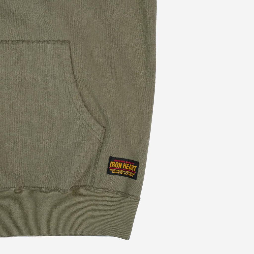Image showing the IHSW-49-OLV - 14oz Ultra Heavyweight Loopwheel Cotton Hoodie Olive which is a Sweatshirts described by the following info Iron Heart, Released, Sweatshirts, Tops and sold on the IRON HEART GERMANY online store