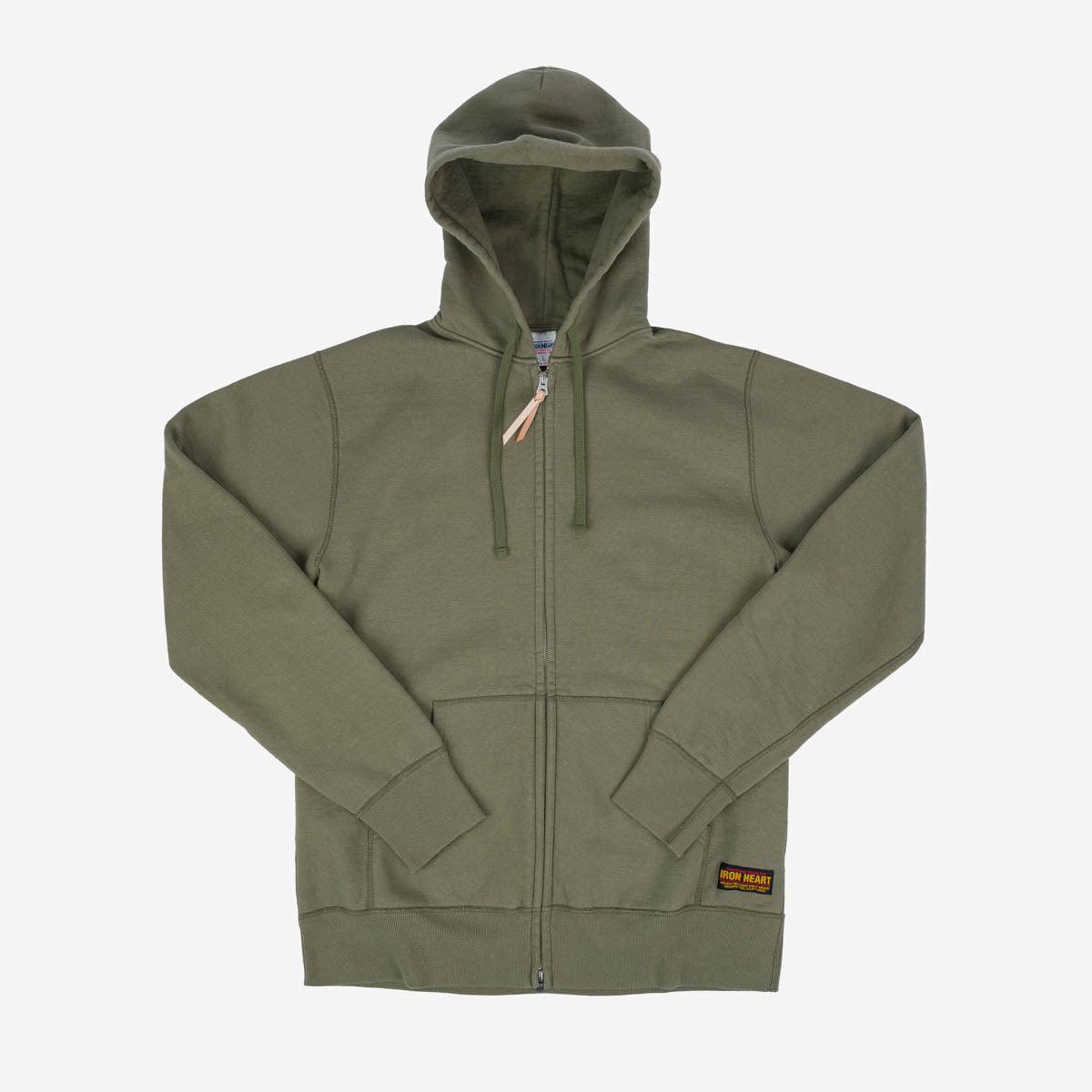 Image showing the IHSW-10-OLV - 14oz Ultra Heavyweight Loopwheel Cotton Hoodie Olive which is a Sweatshirts described by the following info Iron Heart, Released, Sweatshirts, Tops and sold on the IRON HEART GERMANY online store