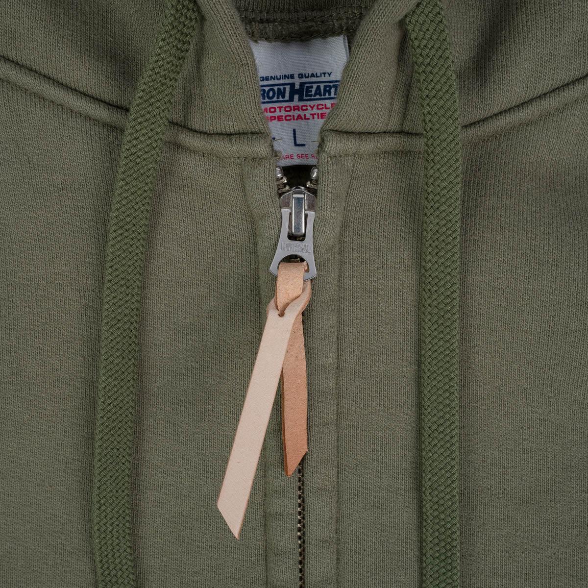 Image showing the IHSW-10-OLV - 14oz Ultra Heavyweight Loopwheel Cotton Hoodie Olive which is a Sweatshirts described by the following info Iron Heart, Released, Sweatshirts, Tops and sold on the IRON HEART GERMANY online store
