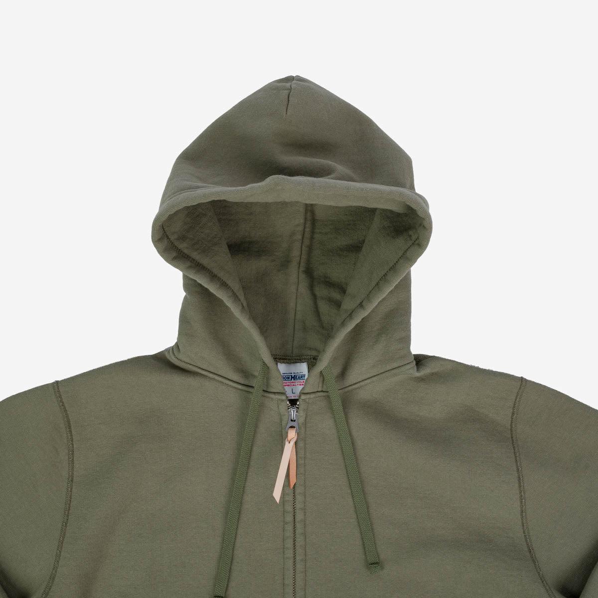 Image showing the IHSW-10-OLV - 14oz Ultra Heavyweight Loopwheel Cotton Hoodie Olive which is a Sweatshirts described by the following info Iron Heart, Released, Sweatshirts, Tops and sold on the IRON HEART GERMANY online store