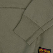 Image showing the IHSW-10-OLV - 14oz Ultra Heavyweight Loopwheel Cotton Hoodie Olive which is a Sweatshirts described by the following info Iron Heart, Released, Sweatshirts, Tops and sold on the IRON HEART GERMANY online store