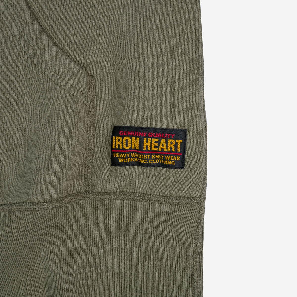 Image showing the IHSW-10-OLV - 14oz Ultra Heavyweight Loopwheel Cotton Hoodie Olive which is a Sweatshirts described by the following info Iron Heart, Released, Sweatshirts, Tops and sold on the IRON HEART GERMANY online store
