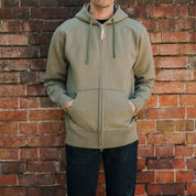 Image showing the IHSW-10-OLV - 14oz Ultra Heavyweight Loopwheel Cotton Hoodie Olive which is a Sweatshirts described by the following info Iron Heart, Released, Sweatshirts, Tops and sold on the IRON HEART GERMANY online store