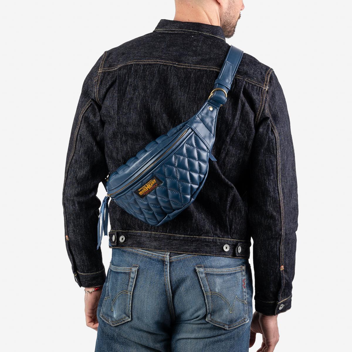 オールレザーウエストバッグ IHE-45 ネイビー IHE-45-NAV Iron Heart Diamond Stitched Leather Waist Bag - Navy