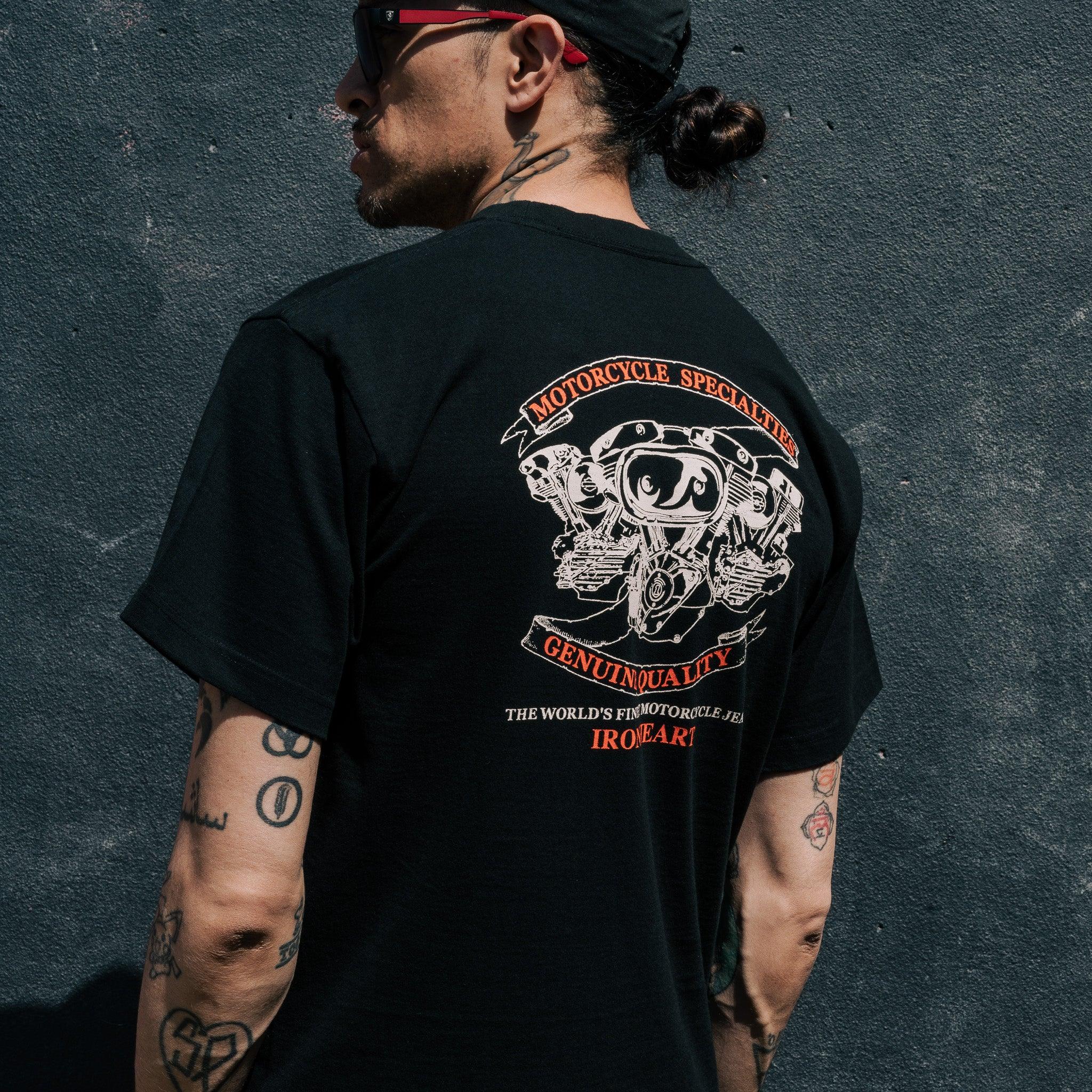 Image showing the IHPT-2302-BLK- 7.5oz Printed Loopwheel Crew Neck T-Shirt - Black which is a T-Shirts described by the following info Iron Heart, Released, T-Shirts, Tops and sold on the IRON HEART GERMANY online store