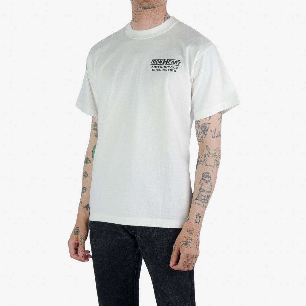 Image showing the IHPT-2302-WHT- 7.5oz Printed Loopwheel Crew Neck T-Shirt - White which is a T-Shirts described by the following info Iron Heart, Released, T-Shirts, Tops and sold on the IRON HEART GERMANY online store