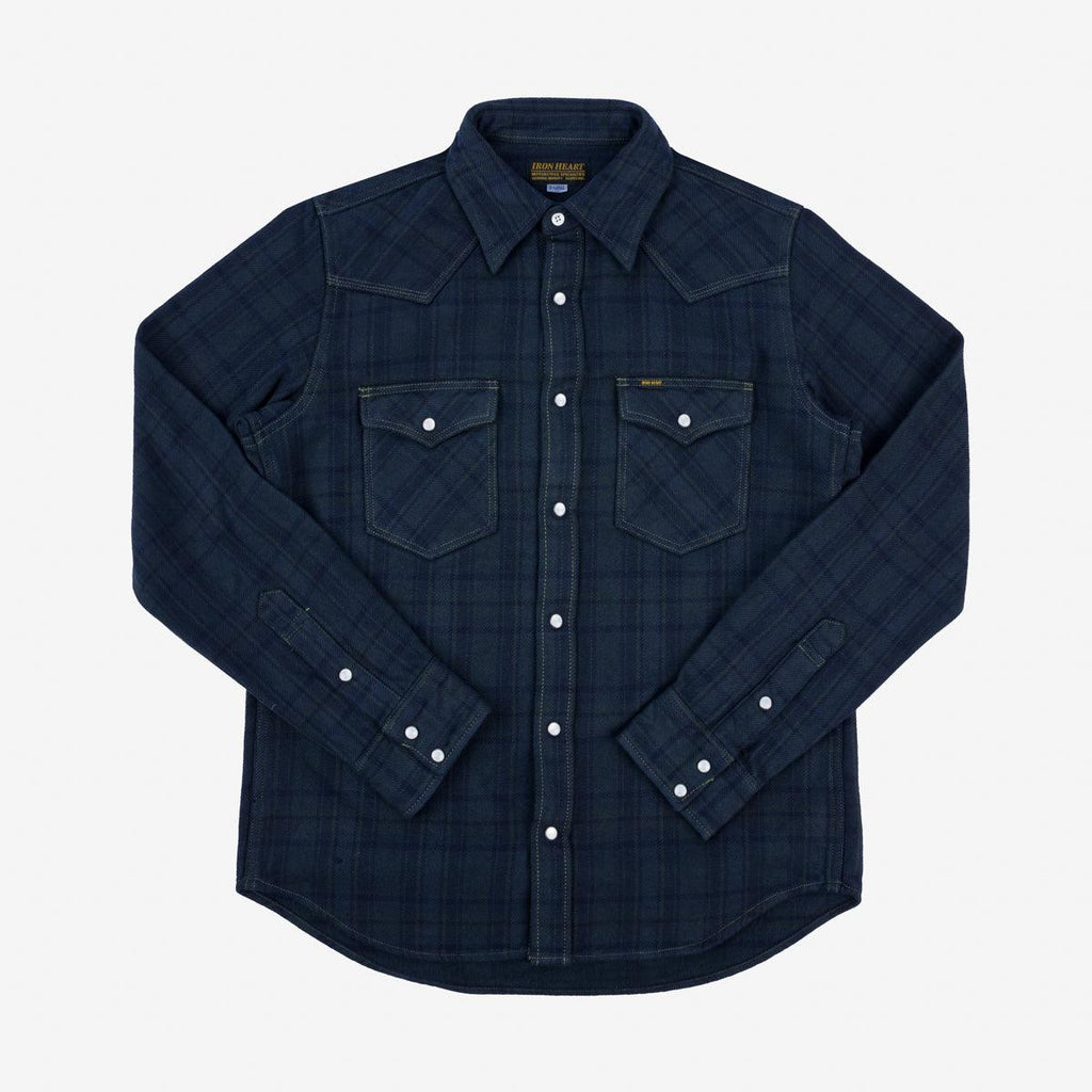 Image showing the IHSH-337-OD - Ultra Heavy Flannel Tartan Check Western Shirt - Green Overdyed Black which is a Shirts described by the following info Iron Heart, New, Released, Shirts, Tops and sold on the IRON HEART GERMANY online store