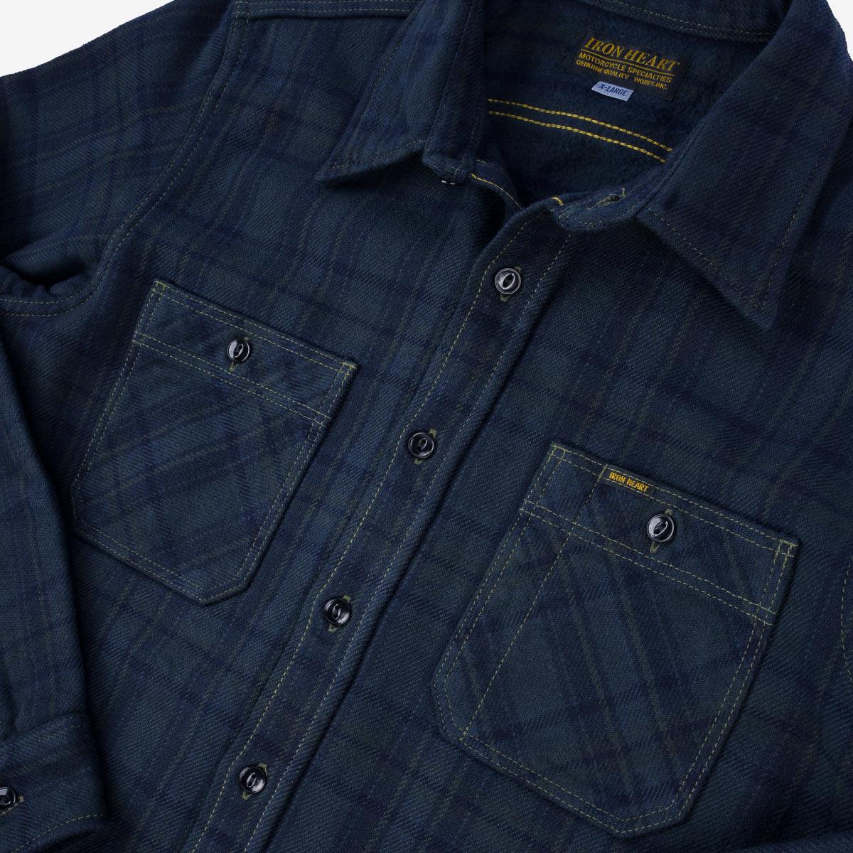 Image showing the IHSH-343-OD - Ultra Heavy Flannel Tartan Check Work Shirt - Green Overdyed Black which is a Shirts described by the following info Iron Heart, New, Released, Shirts, Tops and sold on the IRON HEART GERMANY online store