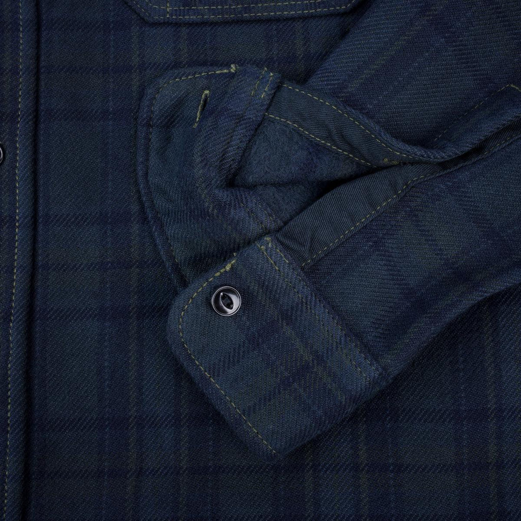 Image showing the IHSH-343-OD - Ultra Heavy Flannel Tartan Check Work Shirt - Green Overdyed Black which is a Shirts described by the following info Iron Heart, New, Released, Shirts, Tops and sold on the IRON HEART GERMANY online store