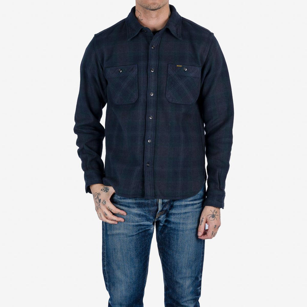 Image showing the IHSH-342-OD - Ultra Heavy Flannel Crazy Check Work Shirt - Navy Overdyed Black which is a Shirts described by the following info Iron Heart, New, Released, Shirts, Tops and sold on the IRON HEART GERMANY online store