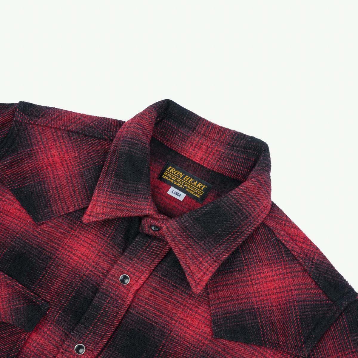 Image showing the IHSH-264-RED - Ultra Heavy Flannel Ombré Check Western Shirt - Red/Black which is a Shirts described by the following info Iron Heart, New, Released, Shirts, Tops and sold on the IRON HEART GERMANY online store