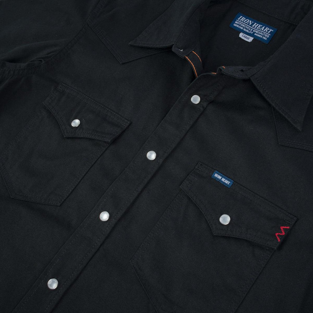 Image showing the IHSH-387-BLK - 7oz Fatigue Cloth Short Sleeved Western Shirt - Black which is a Shirts described by the following info SS24 and sold on the IRON HEART GERMANY online store