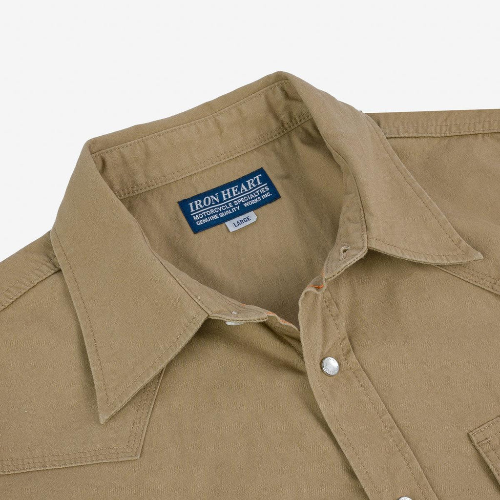 Image showing the IHSH-387-KHA - 7oz Fatigue Cloth Short Sleeved Western Shirt - Khaki which is a Shirts described by the following info SS24 and sold on the IRON HEART GERMANY online store