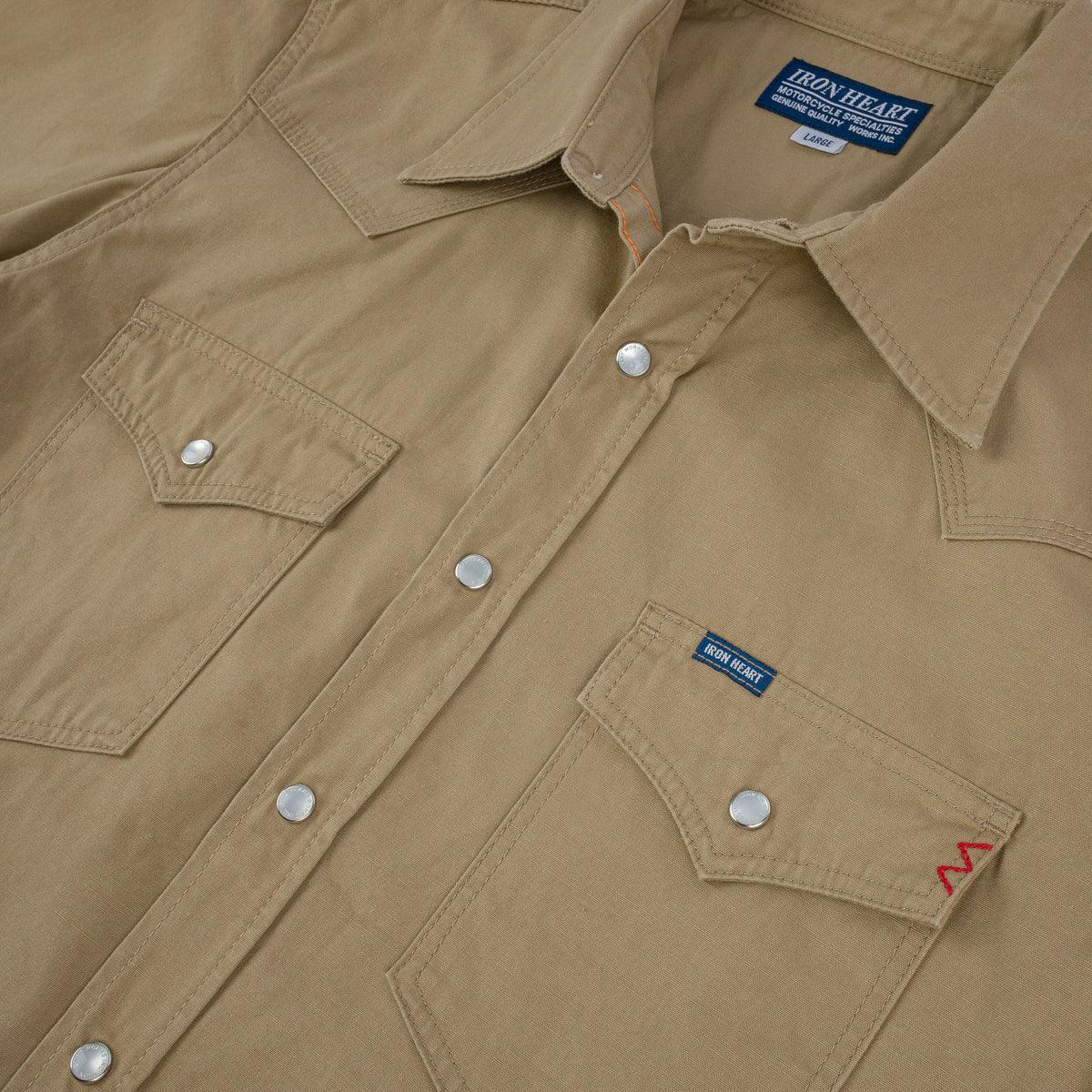 Image showing the IHSH-387-KHA - 7oz Fatigue Cloth Short Sleeved Western Shirt - Khaki which is a Shirts described by the following info SS24 and sold on the IRON HEART GERMANY online store