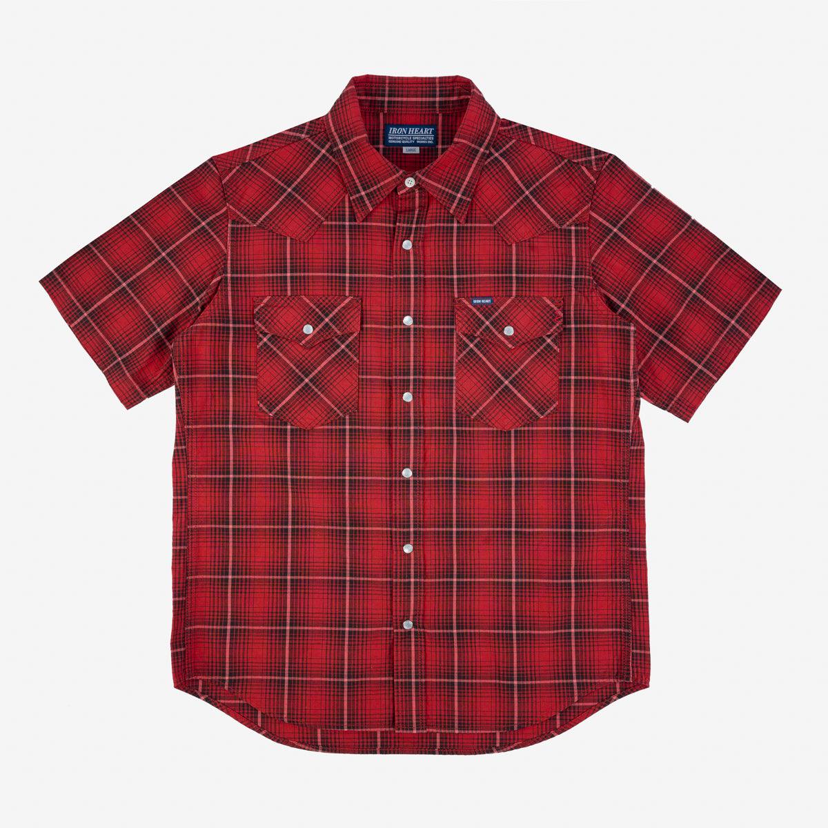 Image showing the IHSH-386-RED - 5oz Selvedge Short Sleeved Western Shirt - Red Vintage Check which is a Shirts described by the following info SS24 and sold on the IRON HEART GERMANY online store