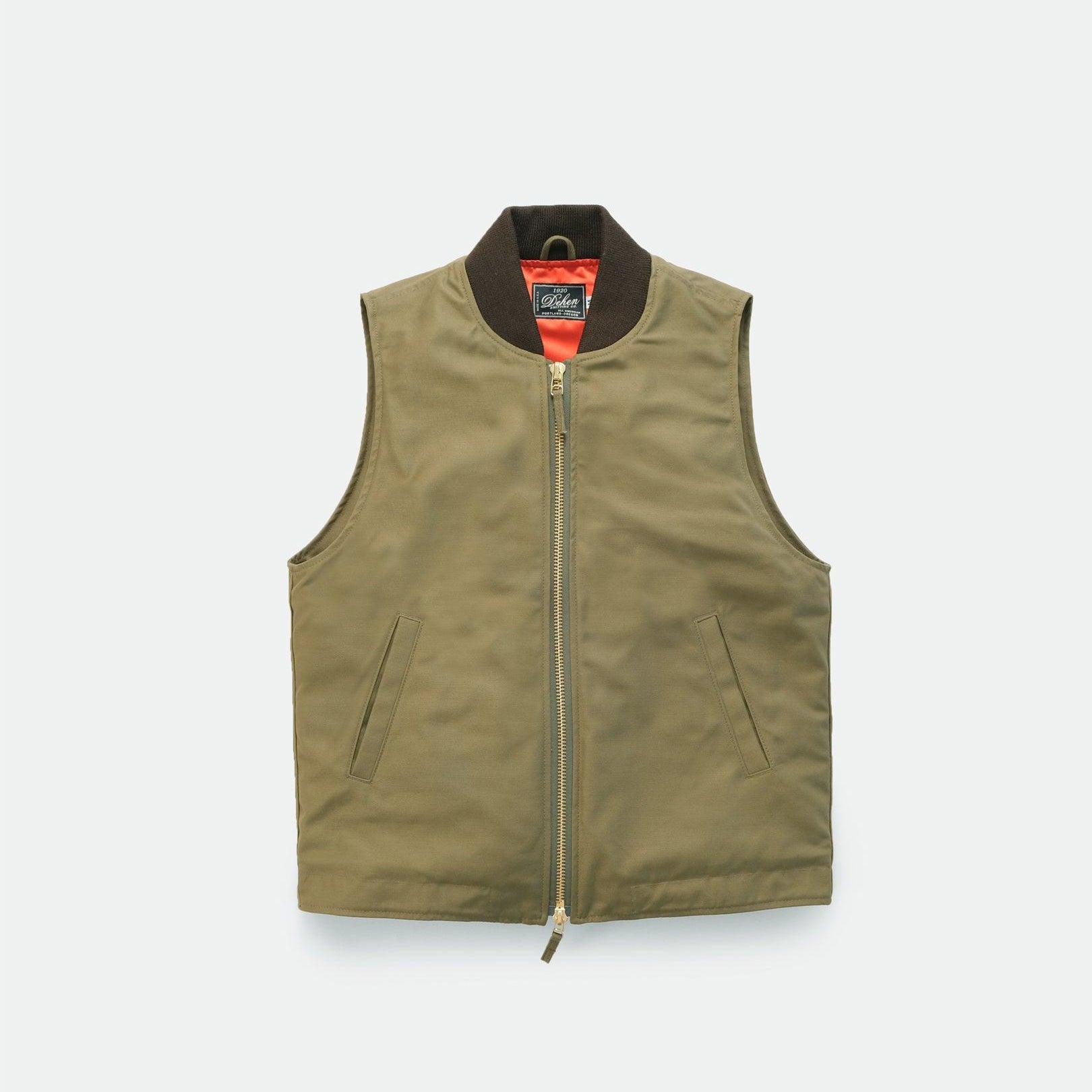 Image showing the DE-JV0093-OLV - Flight Vest Sateen - Olive which is a Vests described by the following info Dehen 1920, Released, Tops, Vests and sold on the IRON HEART GERMANY online store