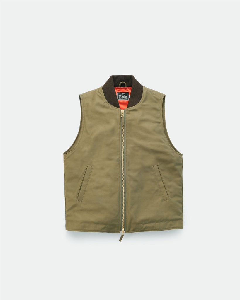 Image showing the DE-JV0093-OLV - Flight Vest Sateen - Olive which is a Vests described by the following info Dehen 1920, Released, Tops, Vests and sold on the IRON HEART GERMANY online store