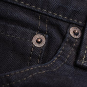 Image showing the IH-777S-142od - 14oz Selvedge Denim Slim Tapered Cut Jeans - Indigo Overdyed Black which is a Jeans described by the following info 777, Bottoms, Iron Heart, Jeans, Released, Tappered and sold on the IRON HEART GERMANY online store