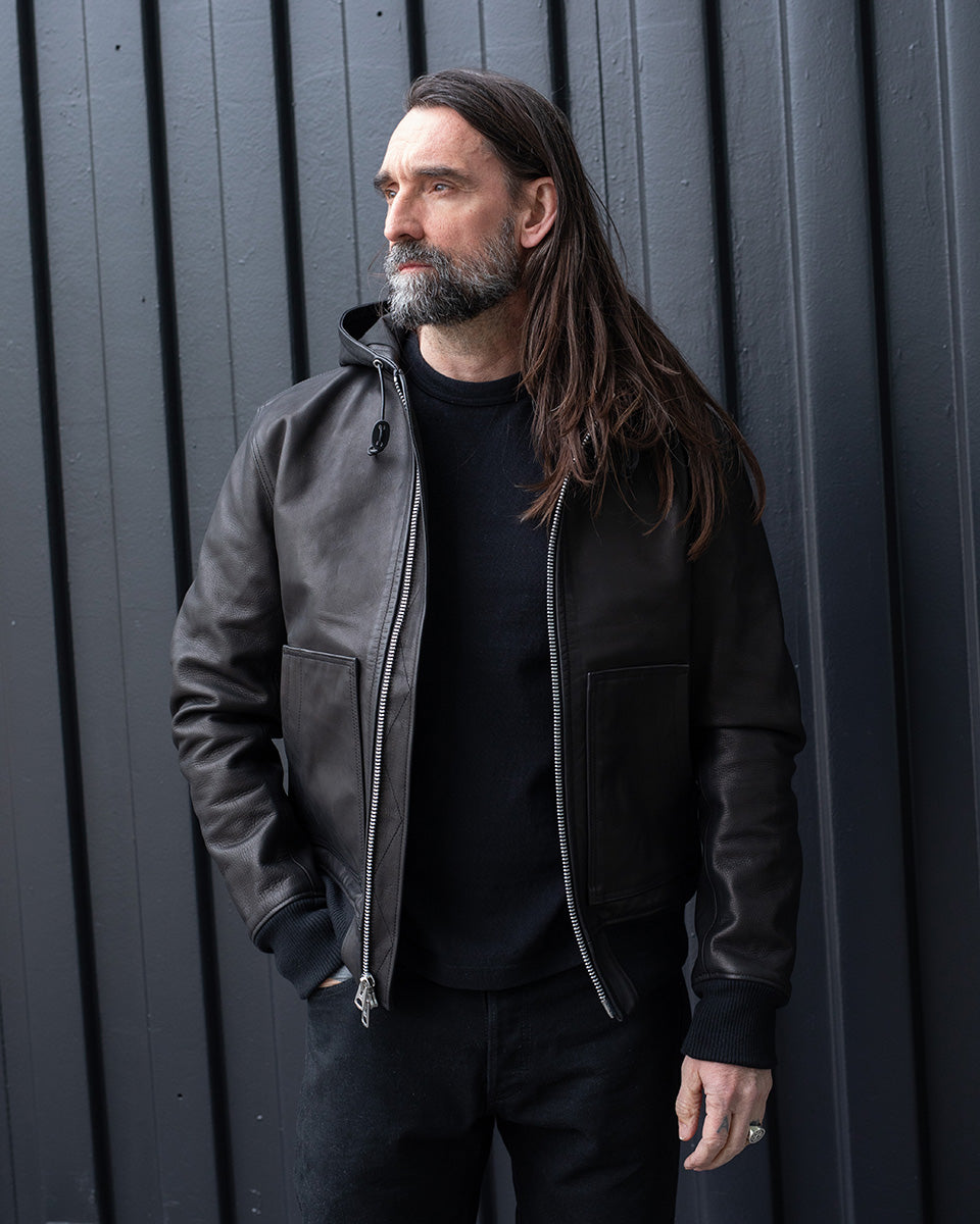 IHJ-173-BLK - FW26 - Waterproof Coated Leather Hooded Jacket - Black