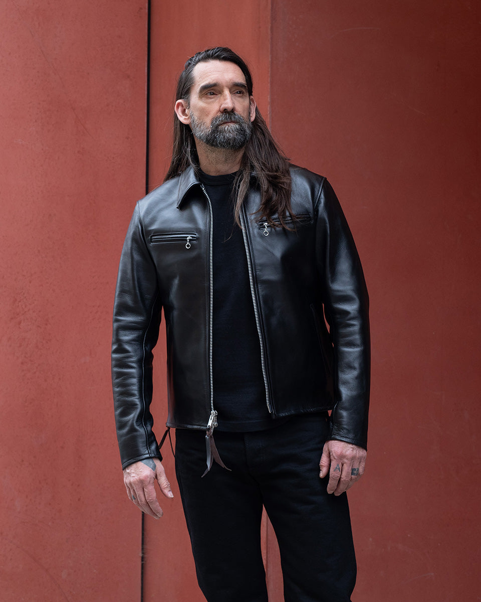 IHJ-54-BLK - Japanese Horsehide Rider’s Jacket with collar - Black (Tea-Core Dyed)