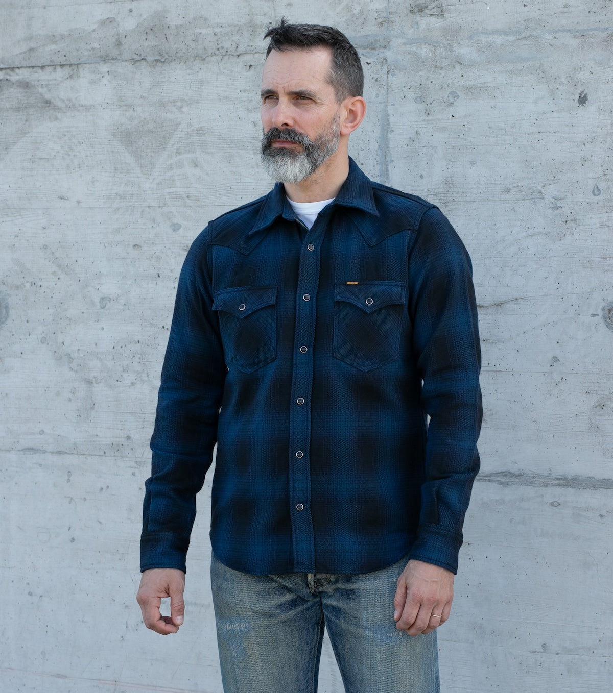 IHSH-264-NAV - Flannel Ombré Check Western Shirt - Navy/Black