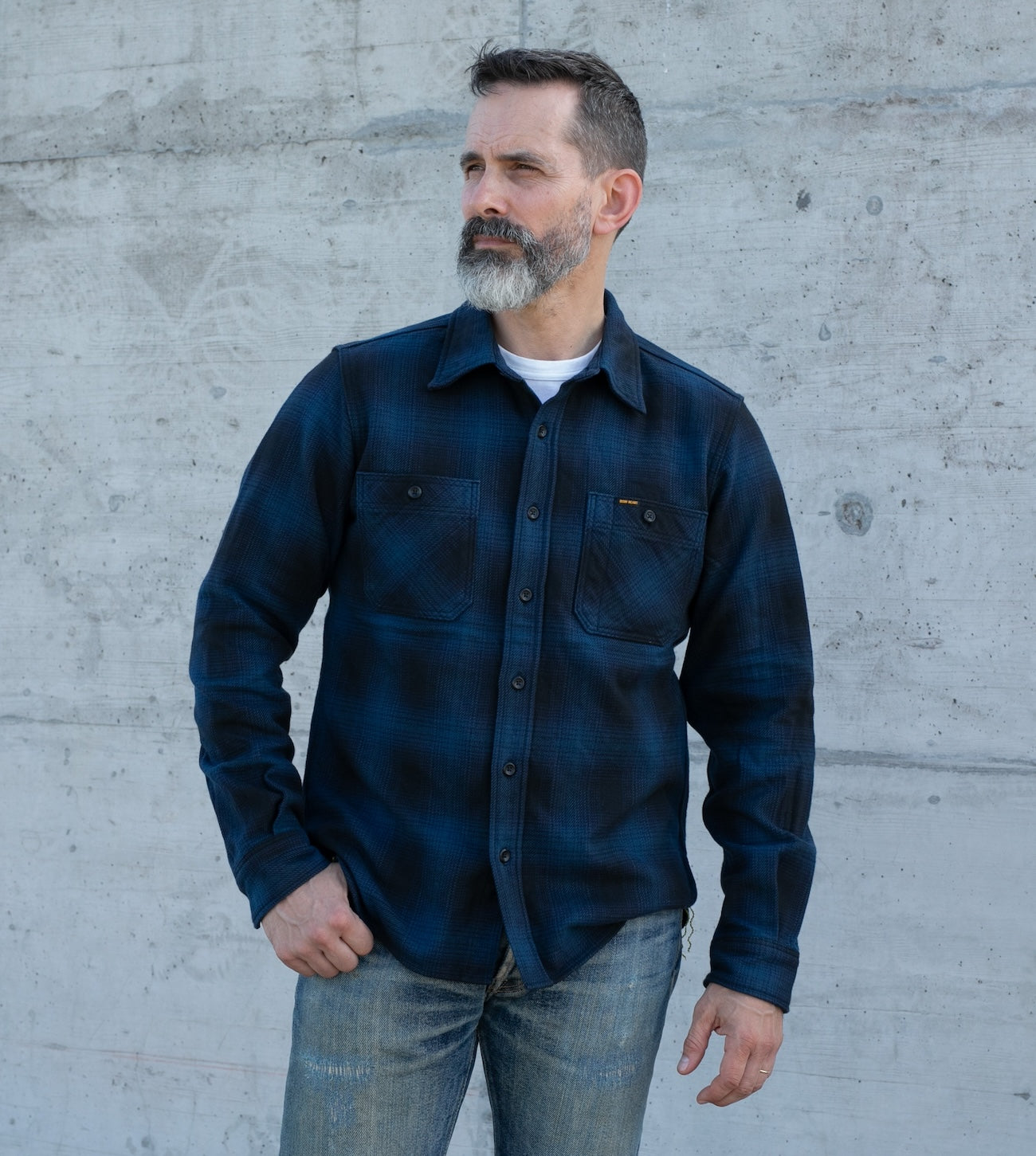 IHSH-265-NAV - Ultra Heavy Flannel Ombré Check Work Shirt - Navy/Black