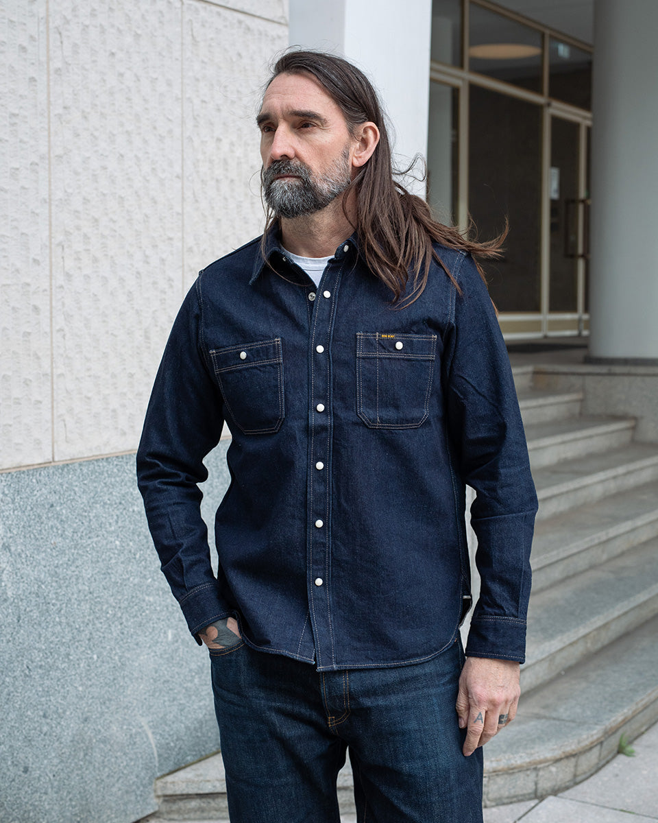 JNHearts シャツ IHSH-326-IND - 12oz Selvedge Indigo Denim Work Shirt with Snaps