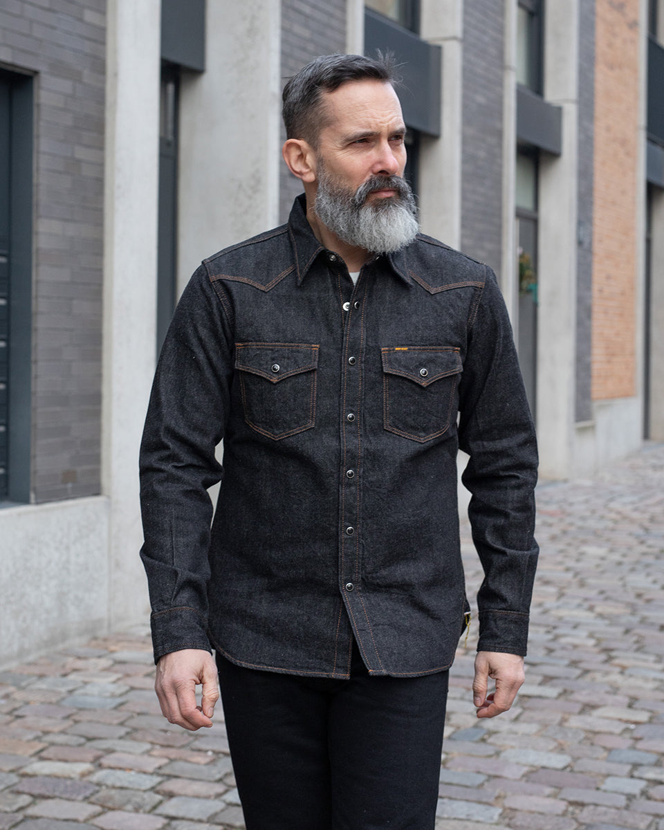 IHSH-33-BLK - 12oz Selvedge Denim Western Shirt - Black – IRON