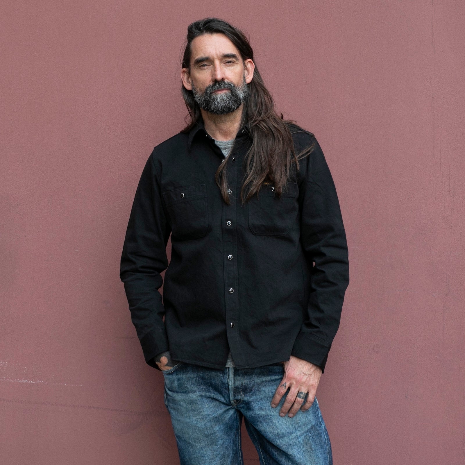 IHSH-338-BLK - 12oz Selvedge Denim Work Shirt With Snaps - Black/Black XXXL IHSH-338-BLK - 12oz Selvedge Denim Work Shirt With Snaps - Black/Black XXXL