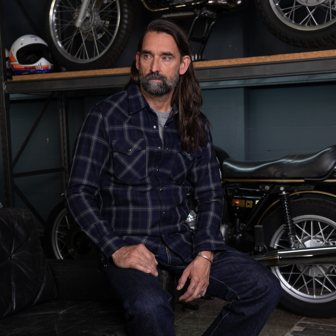 IHSH-411-BLK - 9oz Selvedge Indigo Check Flannel Western Shirt - Indigo/Black