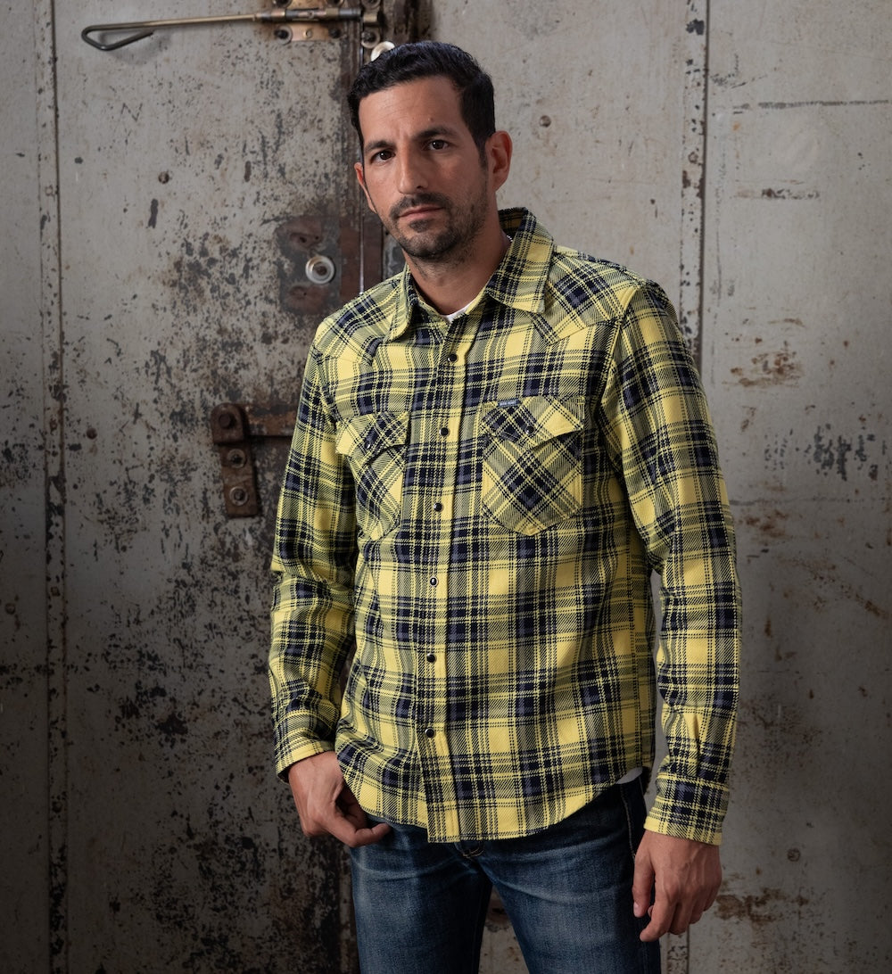 IHSH-411-YEL - 9oz Selvedge Indigo Check Flannel Western Shirt - Yellow