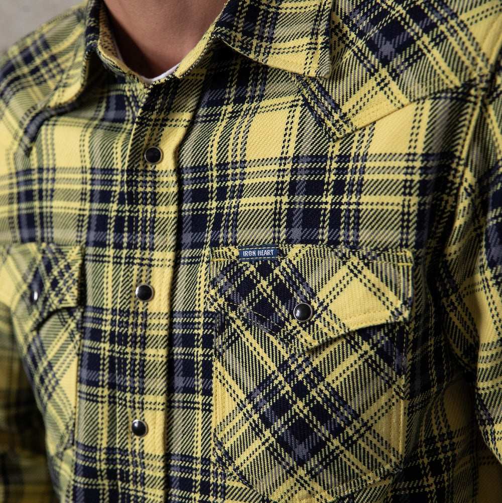 IHSH-411-YEL - 9oz Selvedge Indigo Check Flannel Western Shirt - Yellow