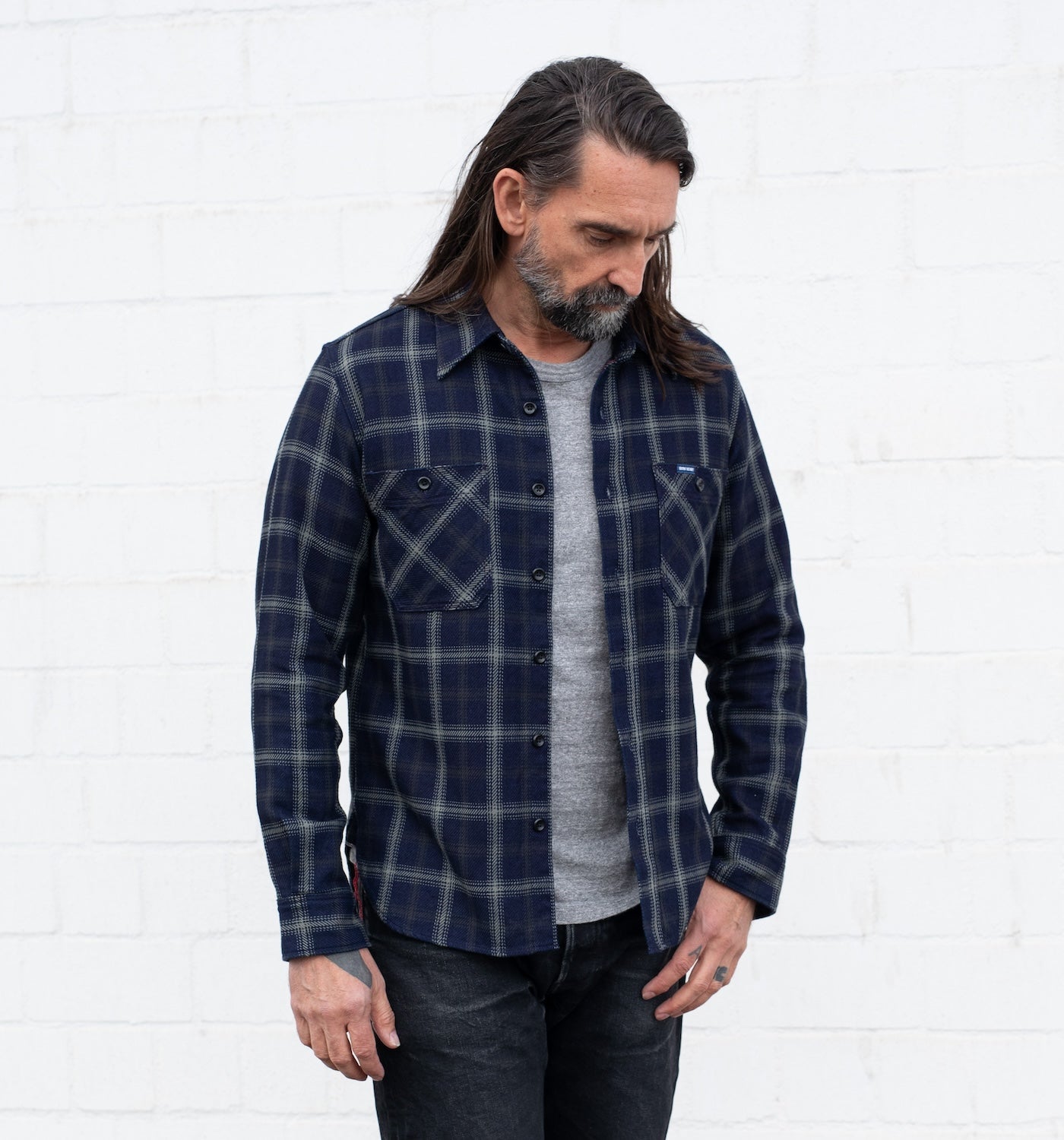 IHSH-412-BLK - 9oz Selvedge Indigo Check Flannel Work Shirt - Indigo/ Black